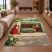 Retro garage with gas pump rug in a living room with a fireplace