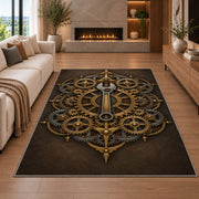 Copper gear mandala rug in a living room with a fireplace
