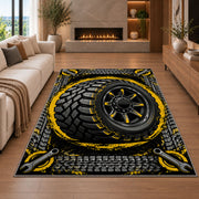 Tire with tire tracks rug in a living room with a fireplace