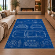 Classic car blueprint rug in a living room with a fireplace