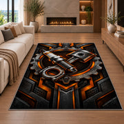 Spark plug and piston emblem rug in a living room with a fireplace