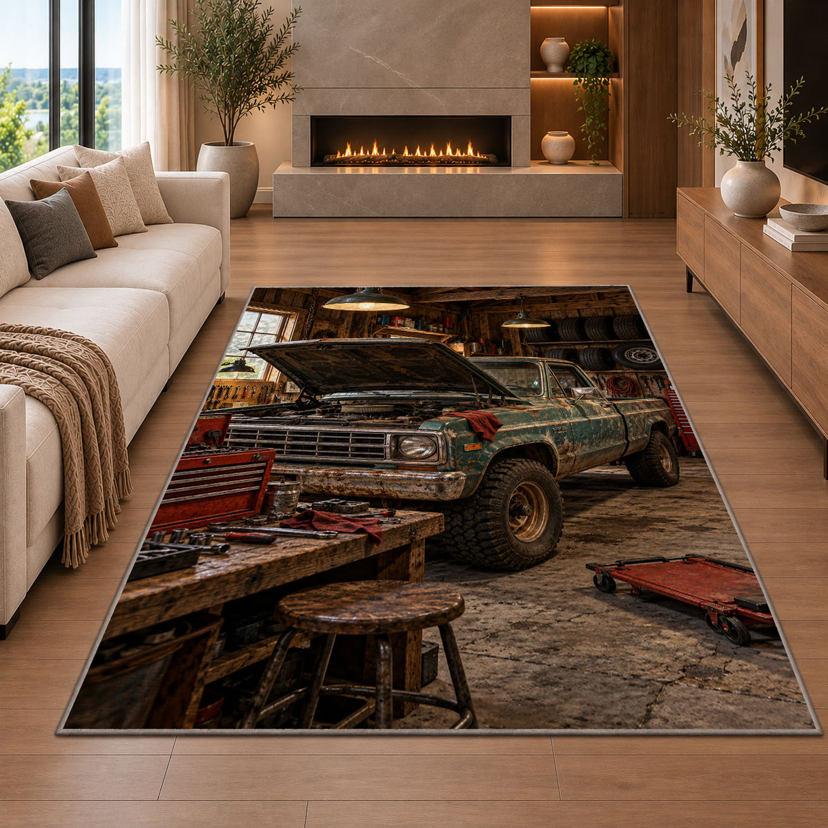 Old pickup truck in a rustic garage rug in a living room with a fireplace