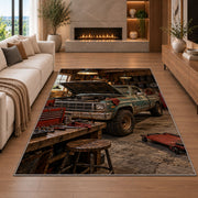 Old pickup truck in a rustic garage rug in a living room with a fireplace