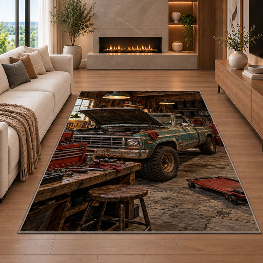 Old pickup truck in a rustic garage rug in a living room with a fireplace