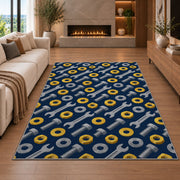 Nuts and bolts pattern rug in a living room with a fireplace