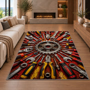 Tools radiating around a gear rug in a living room with a fireplace