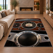 Vintage dashboard gauges rug in a living room with a fireplace