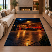 Garage at night with a muscle car rug in a living room with a fireplace