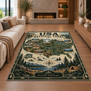 Vintage USA national parks map rug in a living room with a fireplace