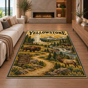 Yellowstone travel poster with bison and elk rug in a living room with a fireplace