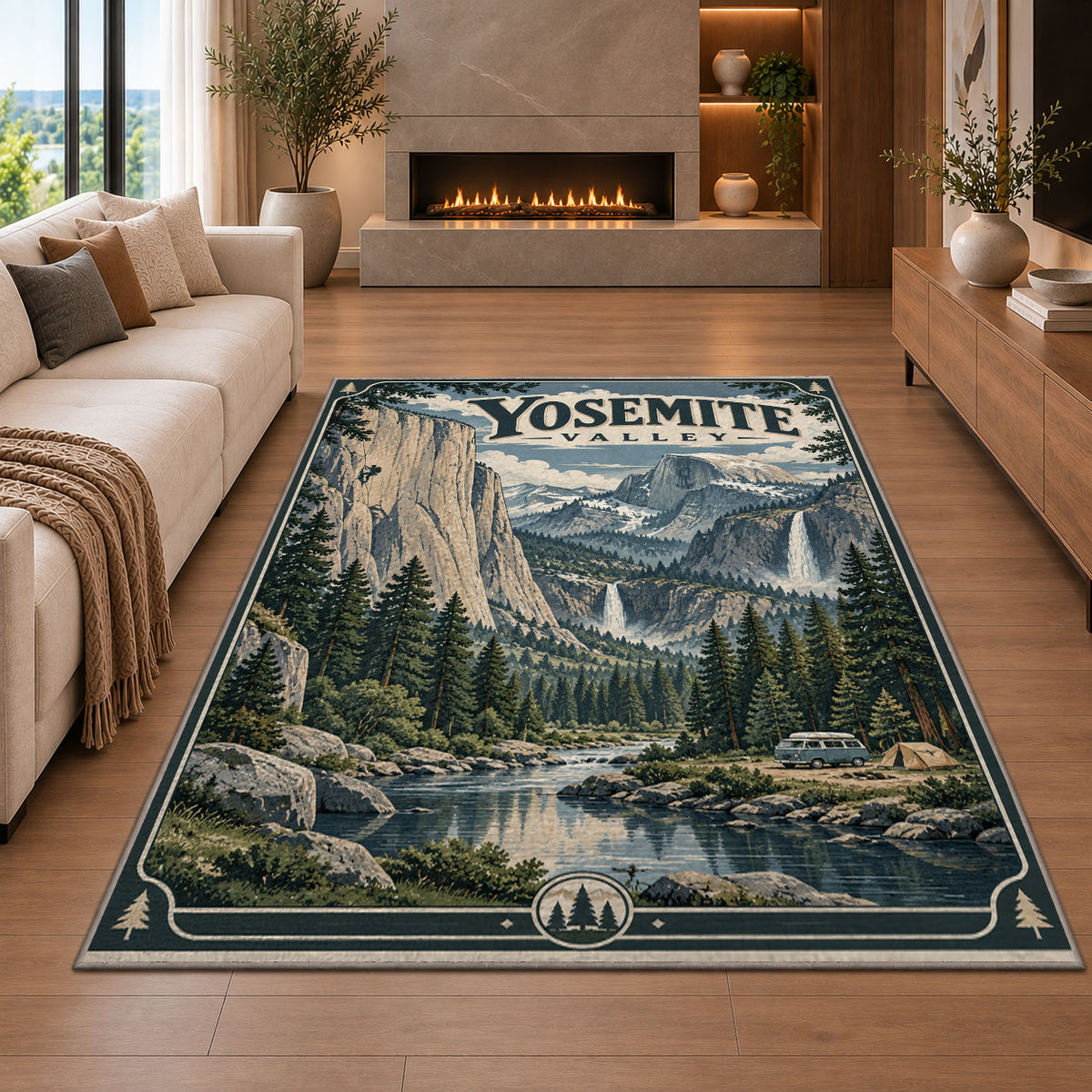 Yosemite Valley travel poster rug in a living room with a fireplace