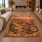 Grand Canyon sunset travel poster rug in a living room with a fireplace