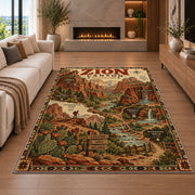 Zion Canyon trail map poster rug in a living room with a fireplace