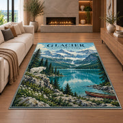 Glacier National Park turquoise lake rug in a living room with a fireplace