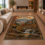 Smoky Mountains autumn cabin poster rug in a living room with a fireplace