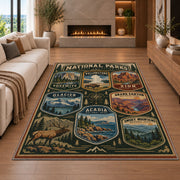 Vintage national parks badge collection rug in a living room with a fireplace