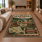 Explore More camping gear rug in a living room with a fireplace