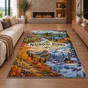National parks through the seasons rug in a living room with a fireplace