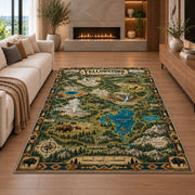 Illustrated Yellowstone park map rug in a living room with a fireplace