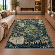 Illustrated Yosemite Valley map rug in a living room with a fireplace