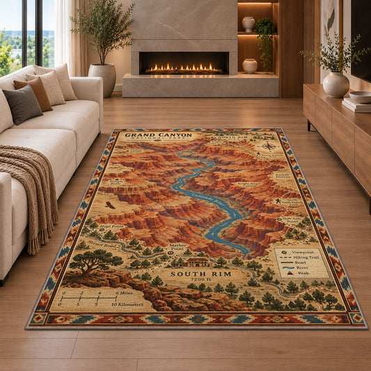 Grand Canyon South Rim map rug in a living room with a fireplace