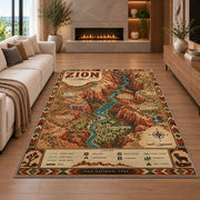 Illustrated Zion National Park map rug in a living room with a fireplace