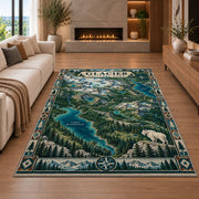 Illustrated Glacier National Park map rug in a living room with a fireplace