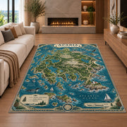 Illustrated Acadia coastal map rug in a living room with a fireplace
