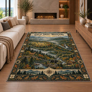 Illustrated Great Smoky Mountains map rug in a living room with a fireplace