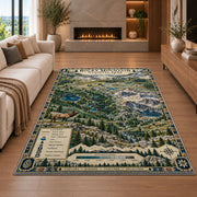 Illustrated Rocky Mountain park map rug in a living room with a fireplace
