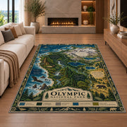 Illustrated Olympic National Park map rug in a living room with a fireplace