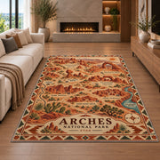 Illustrated Arches National Park map rug in a living room with a fireplace