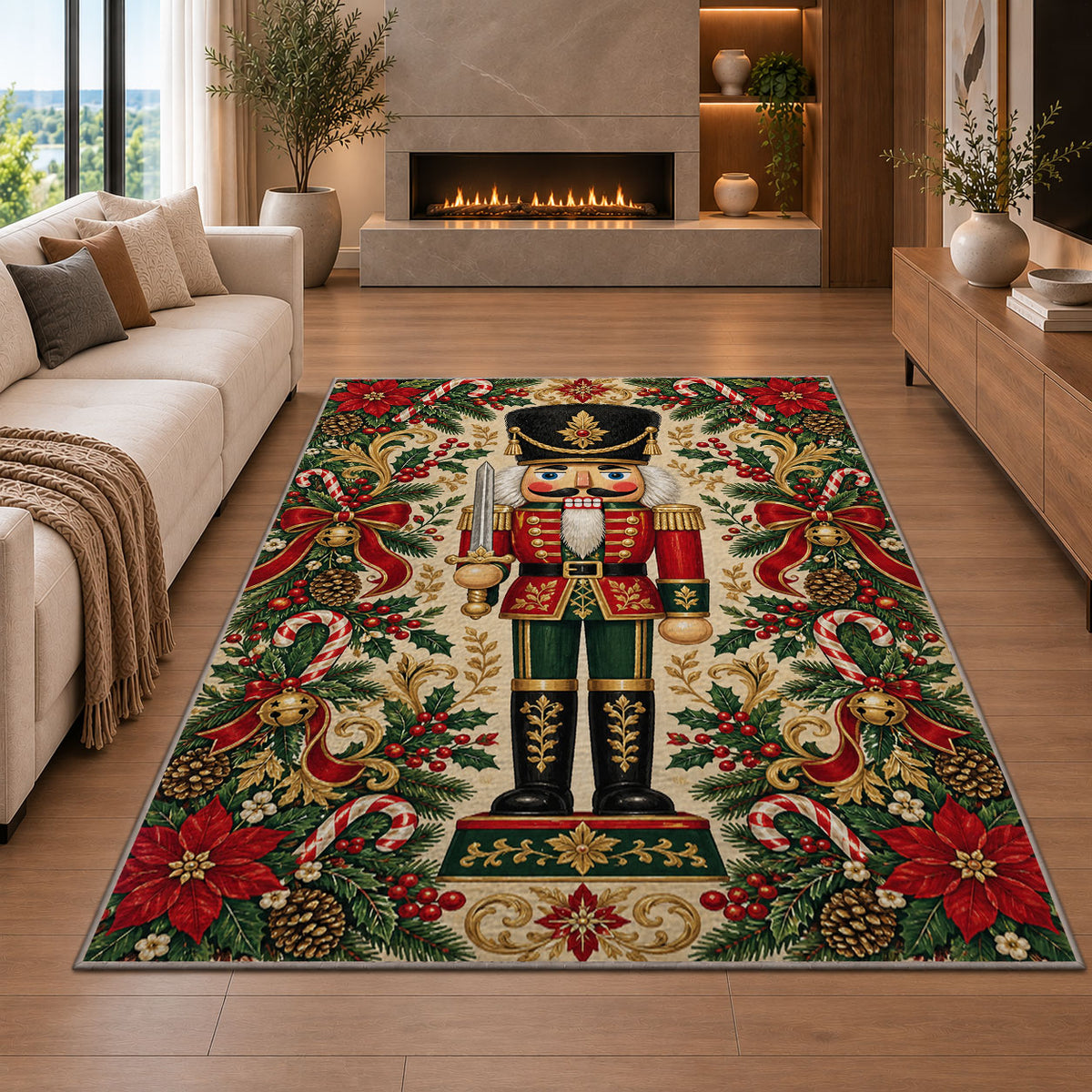 Classic Nutcracker Christmas Rug in a living room with a fireplace