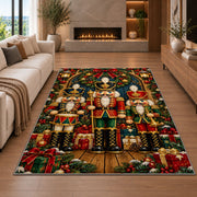 Three Nutcracker Soldiers Rug in a living room with a fireplace
