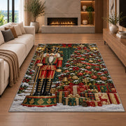 Nutcracker and Christmas Tree Rug in a living room with a fireplace