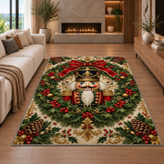 Nutcracker Wreath Christmas Rug in a living room with a fireplace
