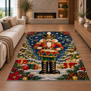 Drummer Nutcracker Rug in a living room with a fireplace