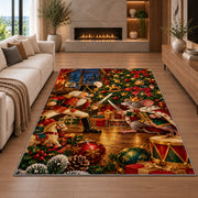 Nutcracker and Mouse King Rug in a living room with a fireplace