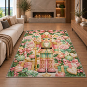 Pastel Pink Nutcracker Rug in a living room with a fireplace