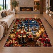 Nutcracker Window Christmas Rug in a living room with a fireplace