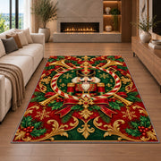 Nutcracker Crest Christmas Rug in a living room with a fireplace