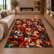 Toy Soldier Parade Christmas Rug in a living room with a fireplace