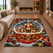 Nutcracker Snow Globe Rug in a living room with a fireplace
