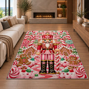 Candy Land Nutcracker Rug in a living room with a fireplace