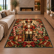 Vintage Nutcracker Rug in a living room with a fireplace