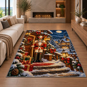 Nutcracker Snowy Cabin Rug in a living room with a fireplace