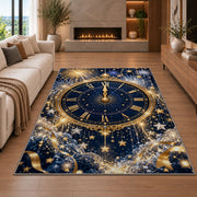 Midnight clock fireworks rug in a living room with a fireplace