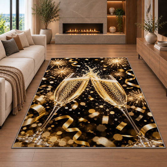 Champagne toast rug in a living room with a fireplace