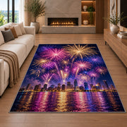 City skyline fireworks rug in a living room with a fireplace
