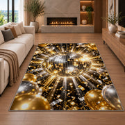 Disco ball and balloons rug in a living room with a fireplace